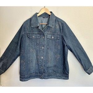 Life Style‎ Womens Embellished Rhinestone Button Blue Denim Jacket Size 1X